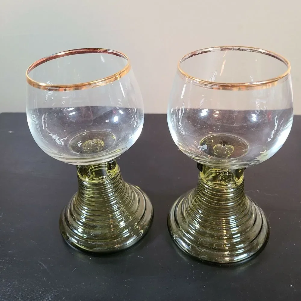 Bohemian Style Glass Goblets Handblown Beehive Base Green Gold Trim